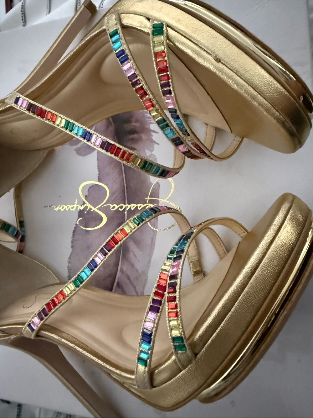 Jessica Simpson Gold Metallic Platform Heels with Multicolor Gem Straps - Picture 4 of 8